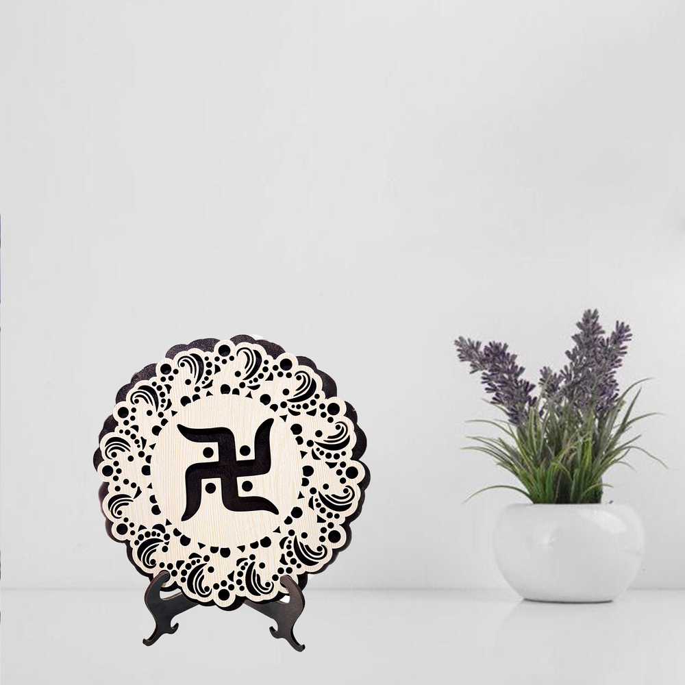 Print Ginnie Designer Khanda Wooden Showpiece Sikh Religious Symbol Table Stand Decorative Showpiece