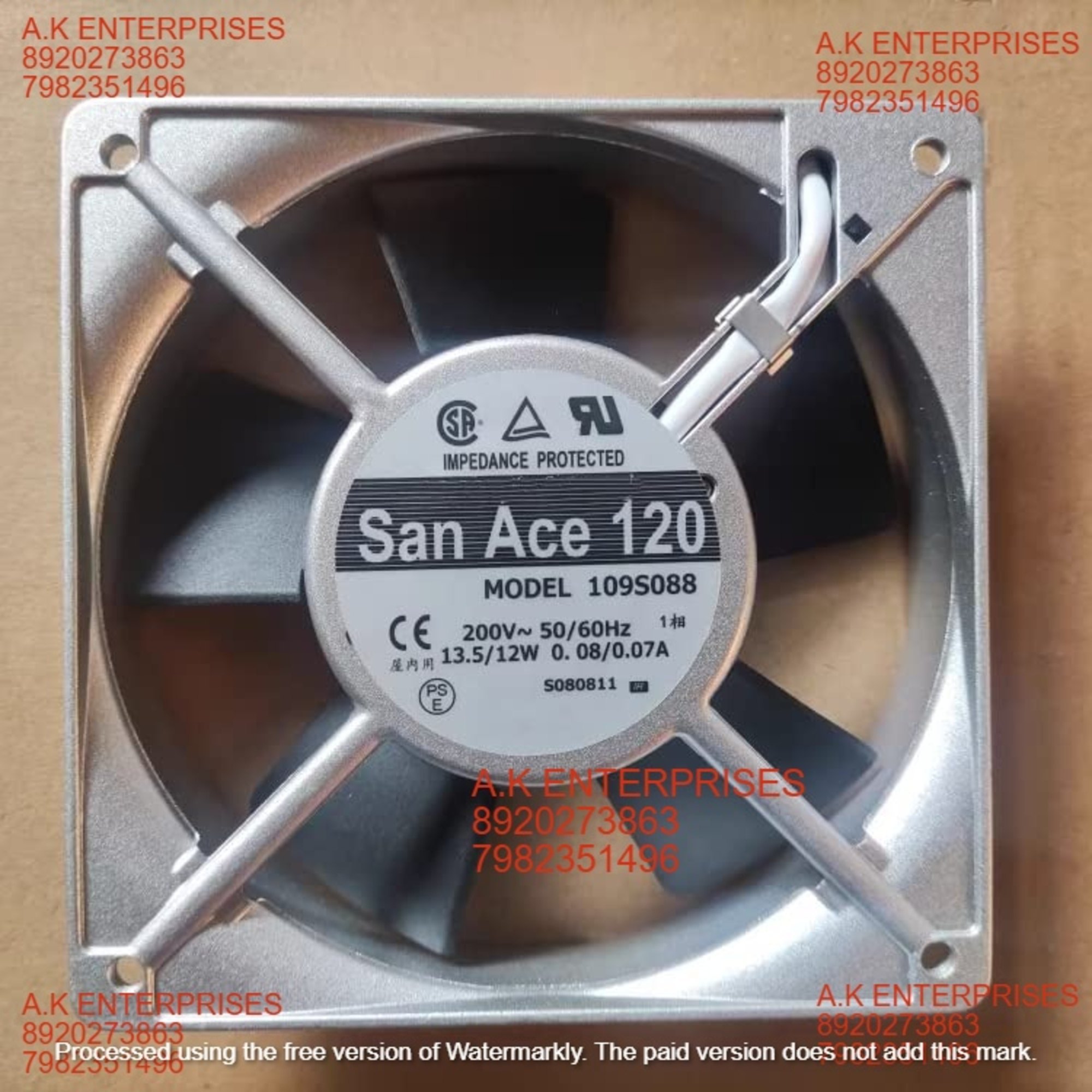 SANACE 109S088 50/60Hz 120x120x25mm 12cm AC200V 13.5/12W 0.08/0.07A 2-pin Aluminum Frame Cooling Fan