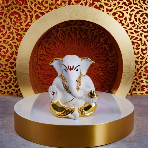 Golden Taklu Ganesh - Gold Plated, 2.25 Inch Height & Length | Indian Decorative Statue For Worship, Sitting Posture, Elegant Design