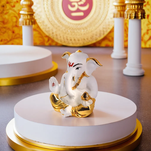 Golden Taklu Ganesh - Gold Plated, 2.25 Inch Height & Length | Indian Decorative Statue For Worship, Sitting Posture, Elegant Design