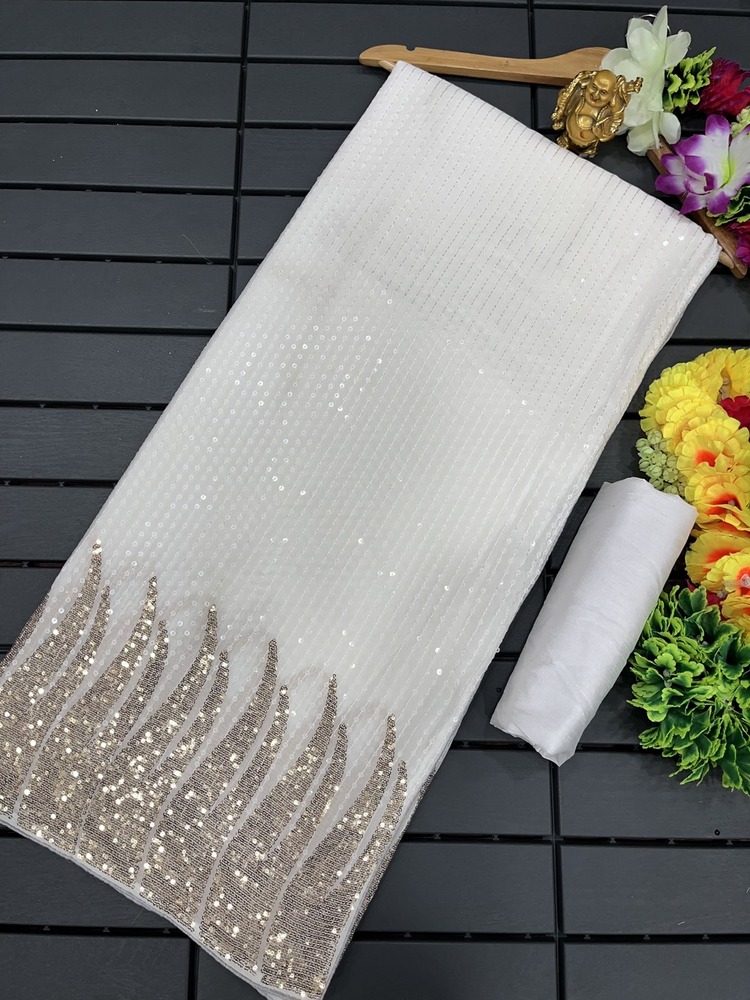 Fancy Saree - Luxurious Silk Blend Elegant Ivory With Intricate Handcrafted Borders