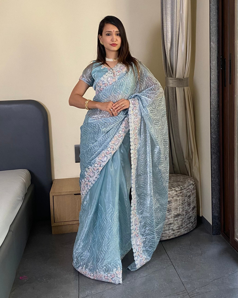 Fancy Saree102 - 5.5 Meter Premium Barbari Silk Saree With Heavy Embroidery & Sequins, Unstitched Blouse With Matching Fabrics, Elegant Design