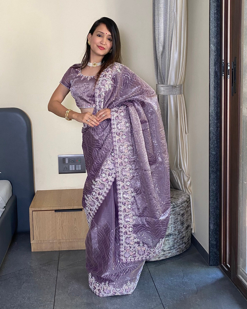 Fancy Saree102 - 5.5 Meter Premium Barbari Silk Saree With Heavy Embroidery & Sequins, Unstitched Blouse With Matching Fabrics, Elegant Design