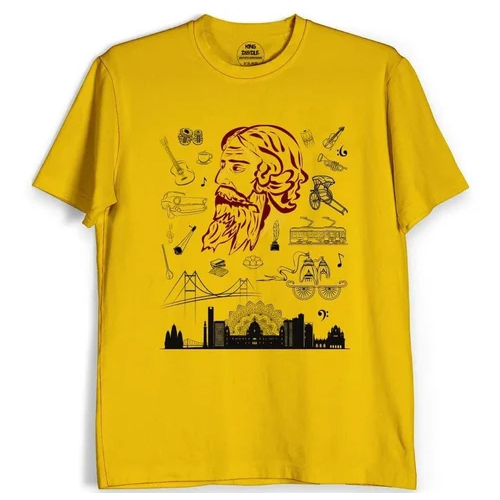 Mens Round Neck Printed Cotton T-Shirt - Color: Yellow