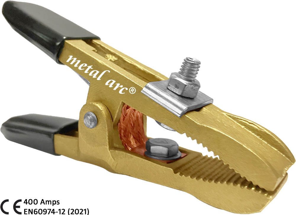 Isi Marked Earth Clamp Ue1 Series - Model Ue1b4ci, Brass With Copper Braided Wire, 400 Amps, Rubber Insulation Sleeves, Heavy Duty Jaws