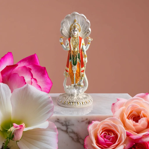 Embrace Peace & Protection with Silver Plated Lord Vishnu Narayana Idol