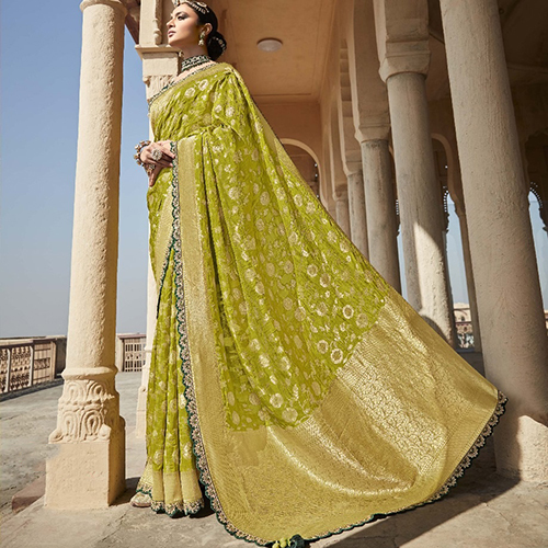 Silk Parrotgreen Printed Saree - Color: Green