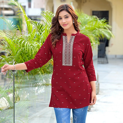 Maroon Rayon Designer Short Kurti - Feature: Quick Dry