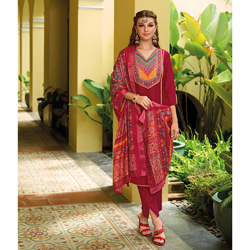 Maroon Silk Readymade Pakistani Suit - Feature: Washable