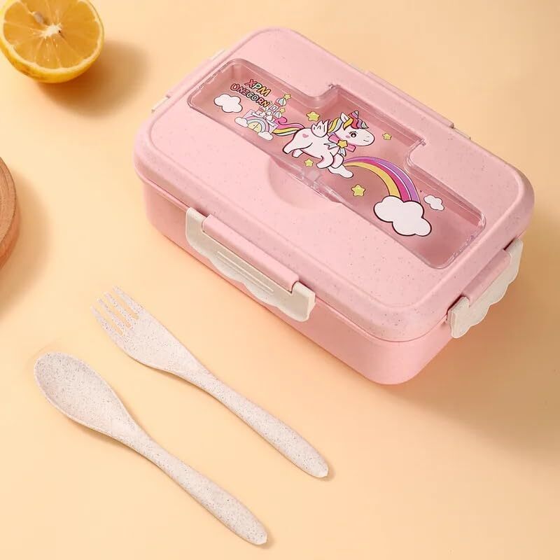 CherryBox Kids Three-Compartment Wheat Straw Cartoon Lunch Box with Spoon and Fork with Cutlery Compartment