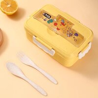 CherryBox Kids Three-Compartment Wheat Straw Cartoon Lunch Box with Spoon and Fork with Cutlery Compartment