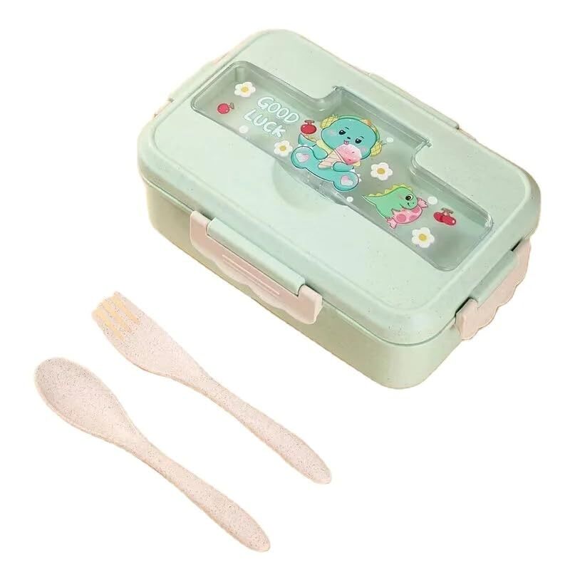 CherryBox Kids Three-Compartment Wheat Straw Cartoon Lunch Box with Spoon and Fork with Cutlery Compartment