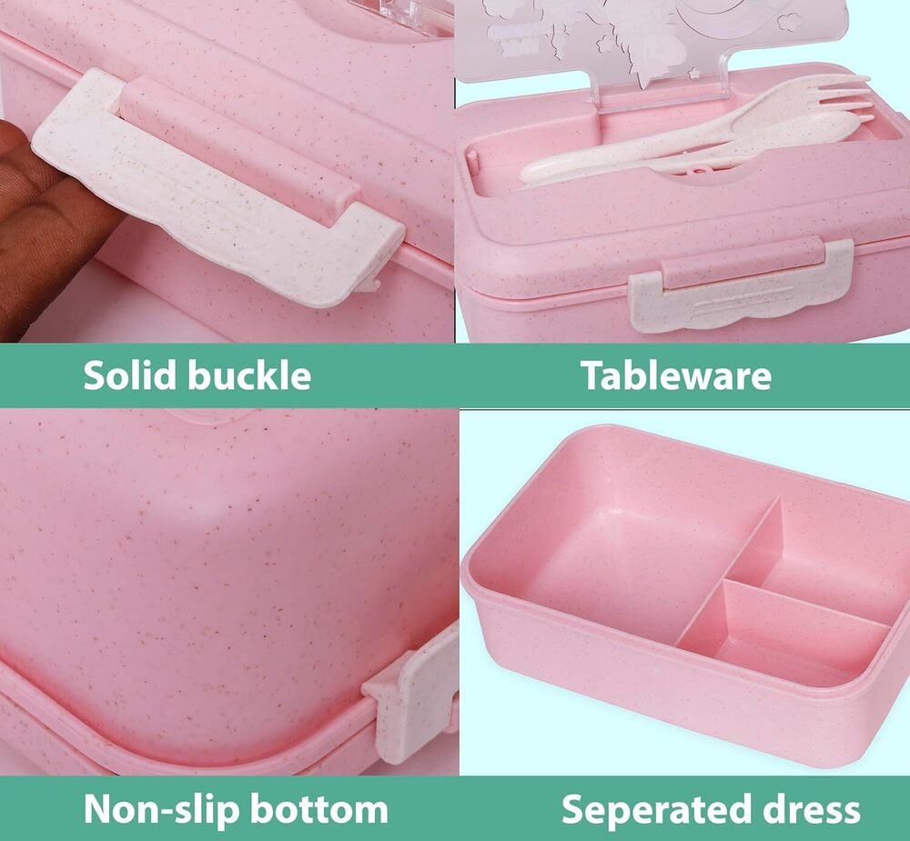 CherryBox Kids Three-Compartment Wheat Straw Cartoon Lunch Box with Spoon and Fork with Cutlery Compartment