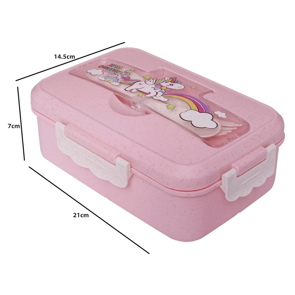 CherryBox Kids Three-Compartment Wheat Straw Cartoon Lunch Box with Spoon and Fork with Cutlery Compartment