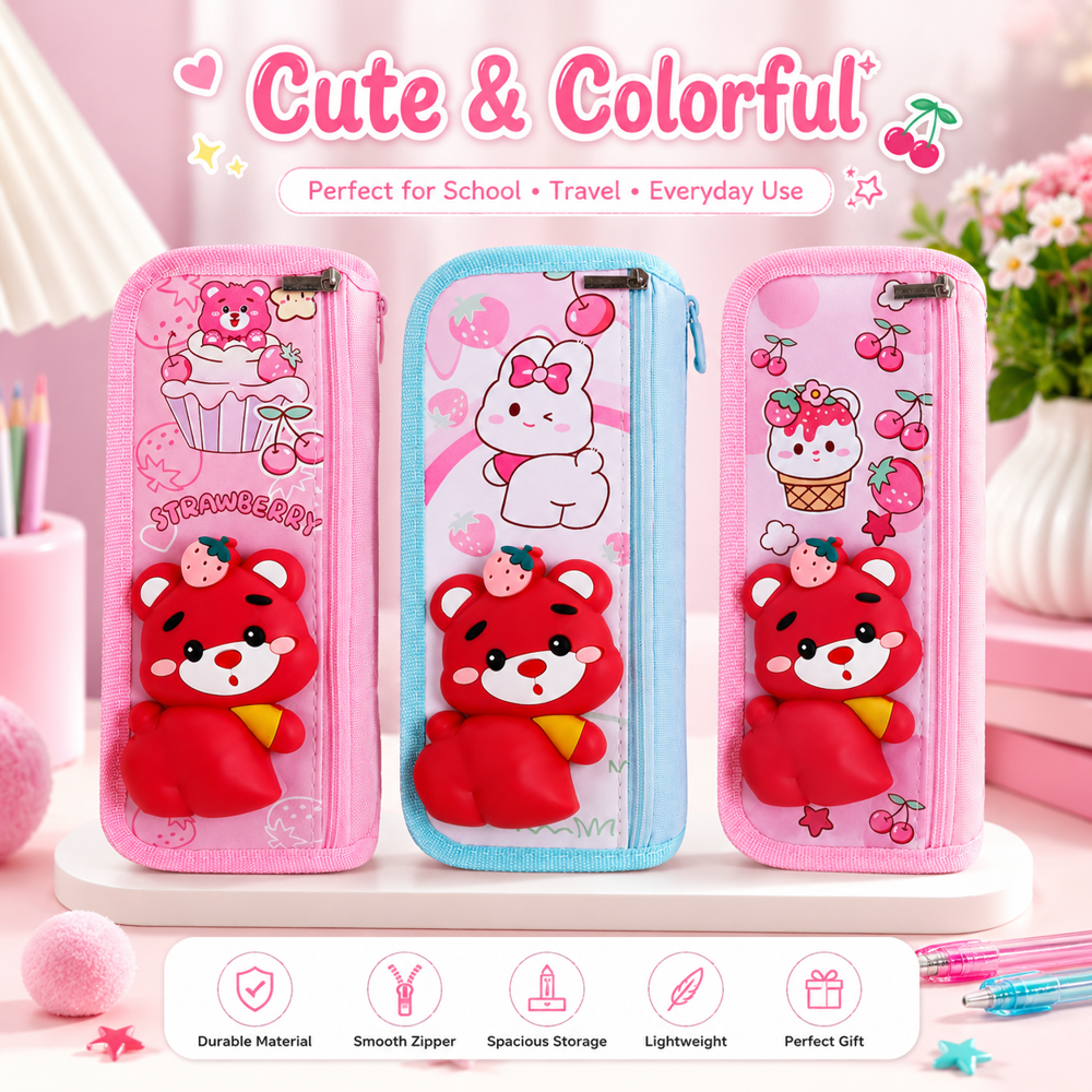 CherryBox Cute 3D Bummy Bear Pouch Stationary Box Multi Compartment and Zipper Pencil Case for Students Kids Boys and Girls - Fabric, Standard Size, Oval Shape | Multi-Compartment Design, Ideal for Pens & Pencils