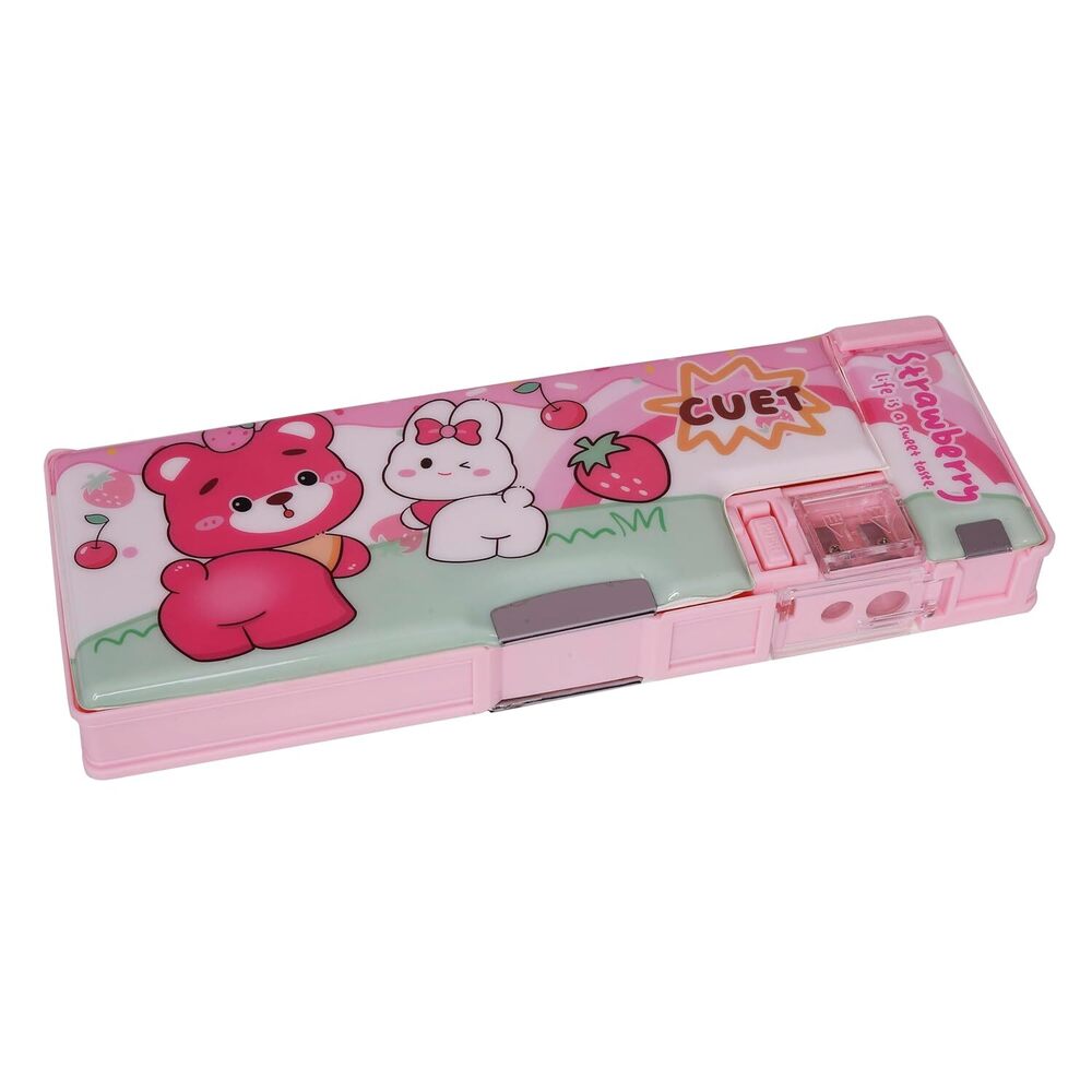 CherryBox Bear Cartoon Pencil/Pen Case with Sharpener - Plastic Standard Size Rectangle Shape Printed Style | Magnetic Stopper Organizer Box for Kids Return Gift