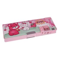 Cherrybox Bear Cartoon Pencil/pen Case With Sharpener - Plastic, Standard Size, Rectangle Shape, Printed Style | Magnetic Stopper, Organizer Box For Kids, Return Gift