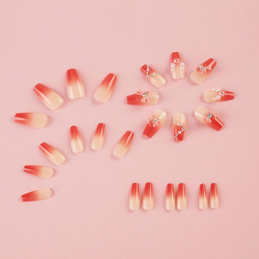Cherrybox - Acrylic Short Squoval False Nails | Glossy Black Floral Design With Diamond Accents Includes Jelly Glue Adhesive Tabs