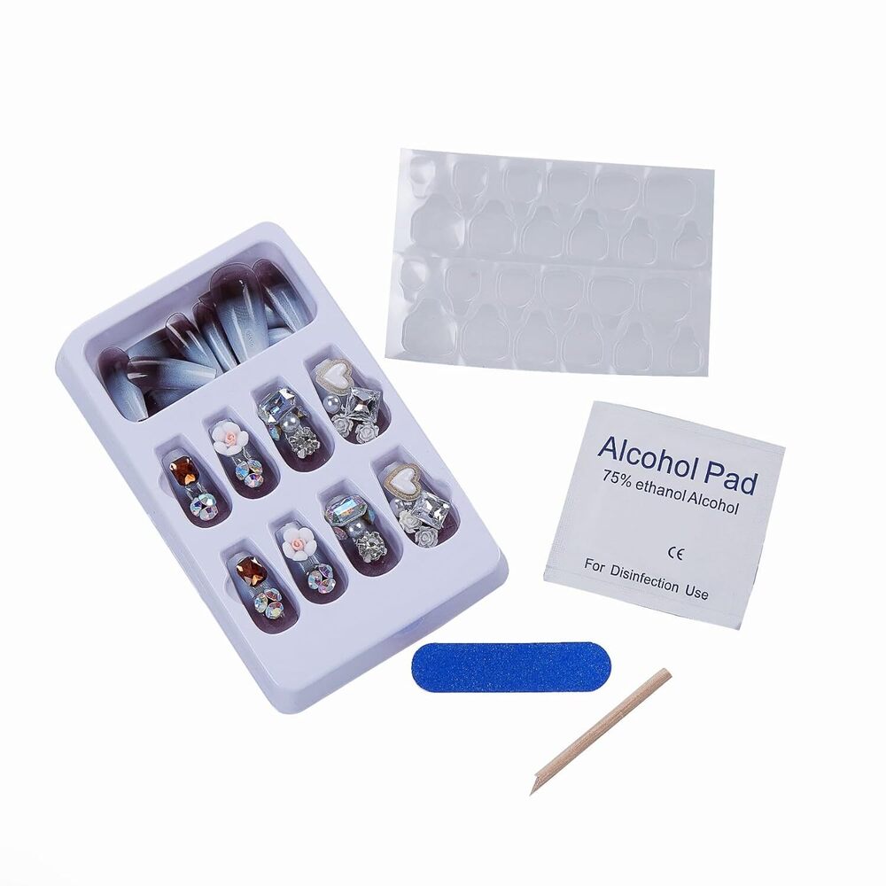 Cherrybox - Acrylic Short Squoval False Nails | Glossy Black Floral Design With Diamond Accents Includes Jelly Glue Adhesive Tabs