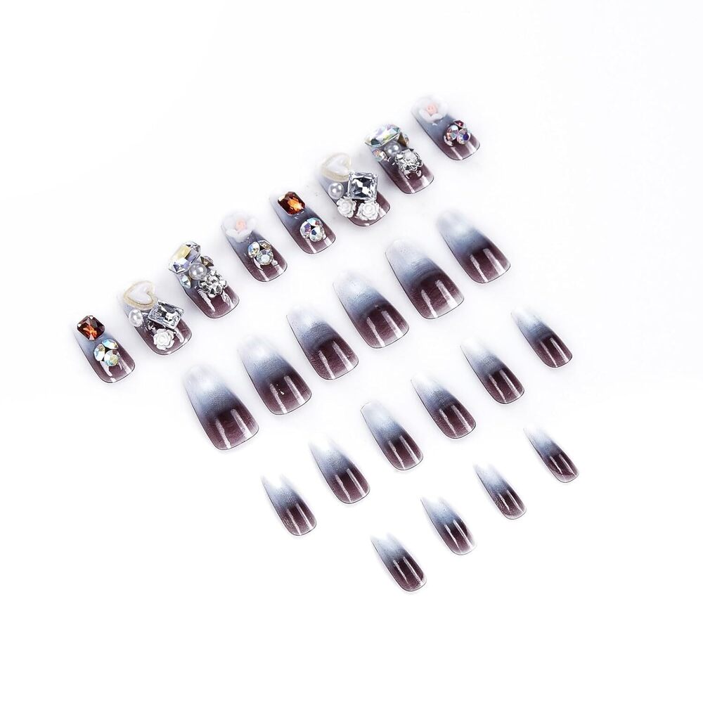 Cherrybox - Acrylic Short Squoval False Nails | Glossy Black Floral Design With Diamond Accents Includes Jelly Glue Adhesive Tabs