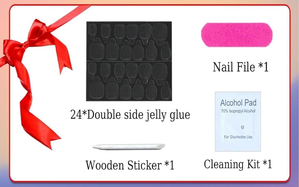 Cherrybox - Acrylic Short Squoval False Nails | Glossy Black Floral Design With Diamond Accents, Includes Jelly Glue Adhesive Tabs