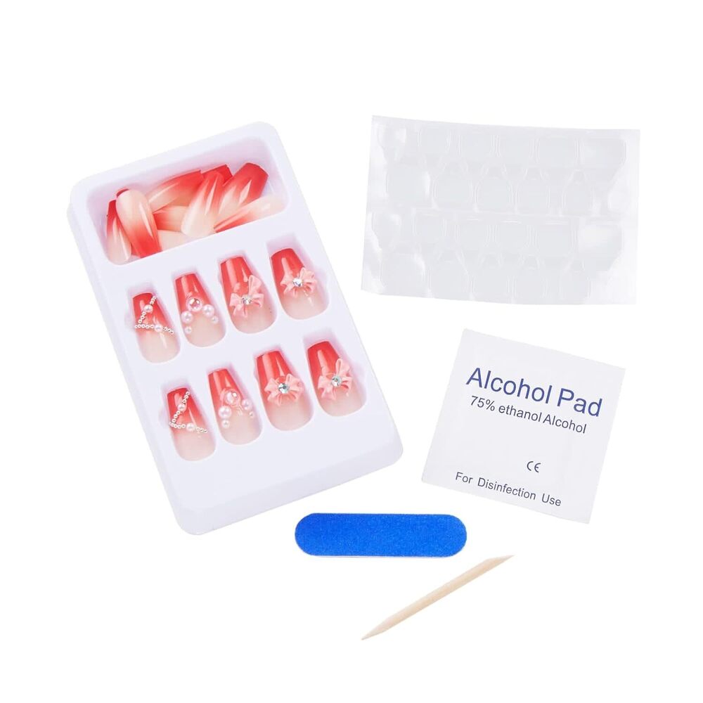 Cherrybox - Acrylic Short Squoval False Nails | Glossy Black Floral Design With Diamond Accents Includes Jelly Glue Adhesive Tabs