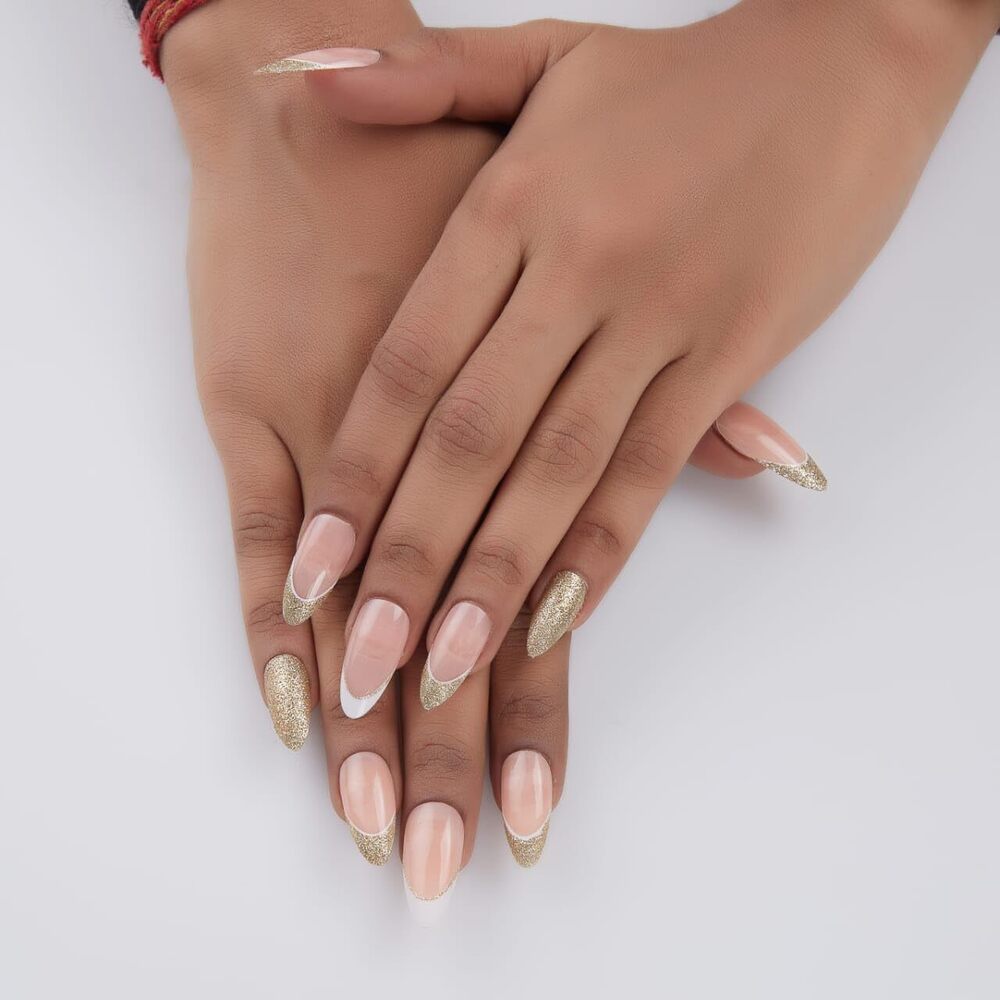 CherryBox 24 Nails Glossy Shiny Golden White Cream False Nails Fake nails Salon Manicure Acrylic Nail Art Tips for Women Girls (Jelly Glue Adhesive Tabs and Glue Included)