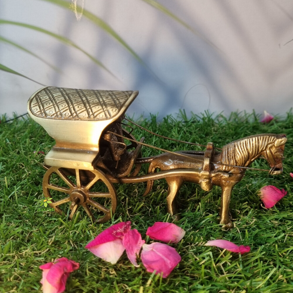 Brass Horse Cart Showpiece | Vintage Decorative Accent for Living Room | Brass Horse Cart Sculpture ( Brown, 4.8 inch)