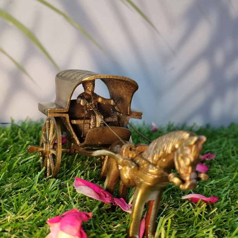 Brass Horse Cart Showpiece | Vintage Decorative Accent for Living Room | Brass Horse Cart Sculpture ( Brown, 4.8 inch)