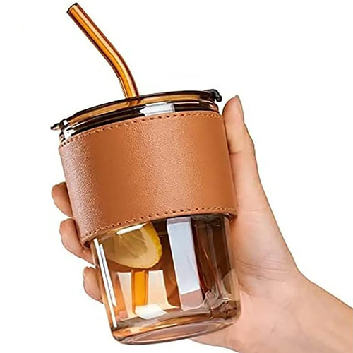 Glass Tumbler With Straw - Color: Brown