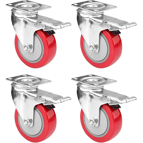 Industrial Lock Caster Wheel - PU Material, 2 Inch Size, Red & Silver Color | 600 kg Load Capacity, Ideal for Trolleys and Heavy Industries