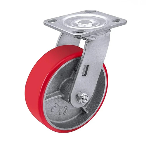150x50 PU Heavy Duty Swivel Caster Wheel - PU Material, 6 Inch Size, Silver & Red Color | 500 kg Load Capacity, 150x50 mm Top Plate, Indoor & Outdoor Use
