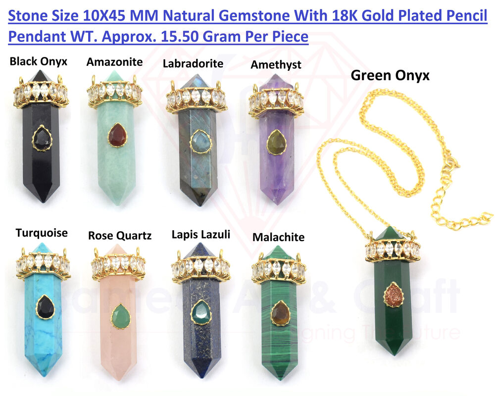 Natural Gemstone With 18K Gold Plated Handmade Pencil Pendant Necklace