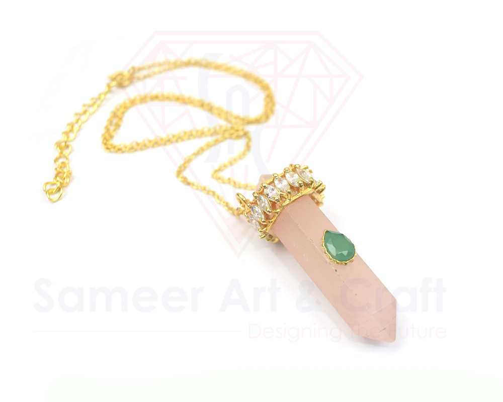 Natural Gemstone With 18K Gold Plated Handmade Pencil Pendant Necklace