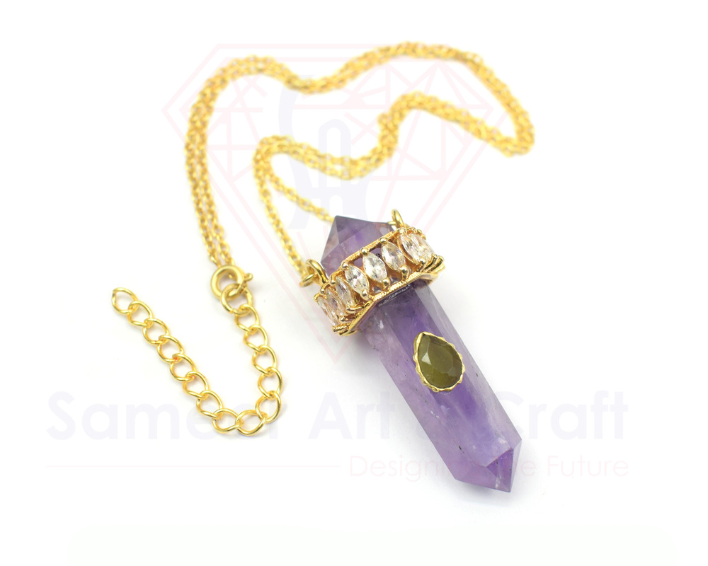 Natural Gemstone With 18K Gold Plated Handmade Pencil Pendant Necklace