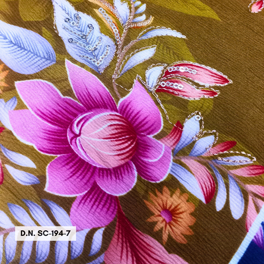 Mehandi Green Position Print On Chinon Fabric With Zari & Sequins - Attributes: Washable