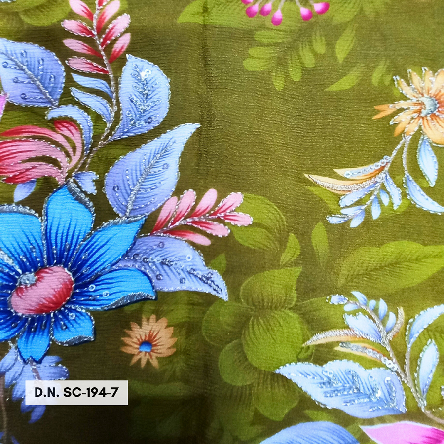 Mehandi Green Position Print On Chinon Fabric With Zari & Sequins - Attributes: Washable