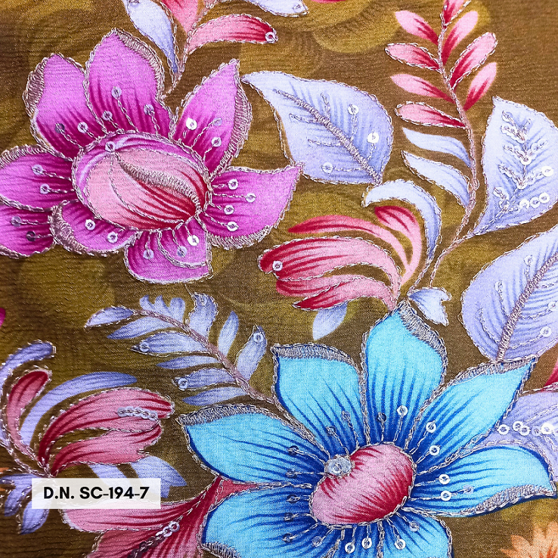 Mehandi Green Position Print On Chinon Fabric With Zari & Sequins - Attributes: Washable