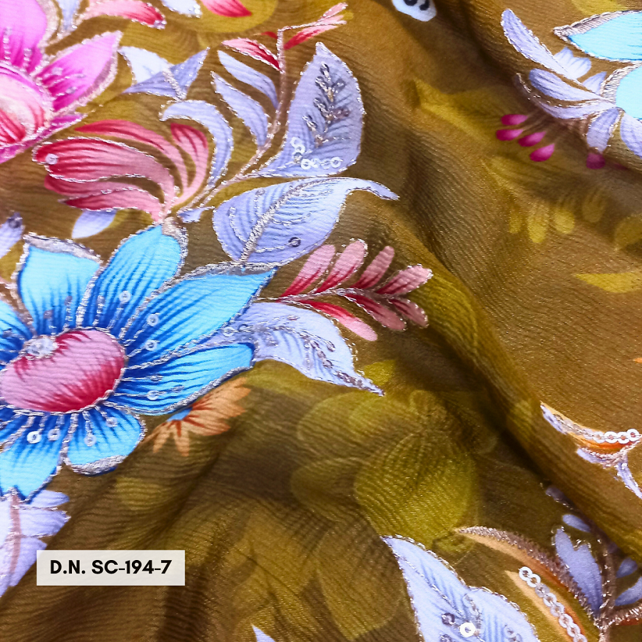 Mehandi Green Position Print On Chinon Fabric With Zari & Sequins - Attributes: Washable