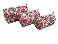 3pc Set Quilted Toiletry Pouches - Cotton Fabric, Multi Color, Printed Design, Zip Closure, Lightweight 1 Kg, Without Handles