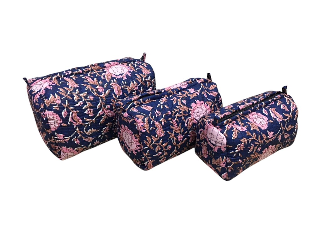 3pc Set Quilted Toiletry Pouches - Cotton Fabric, Multi Color, Printed Design, Zip Closure, Lightweight 1 Kg, Without Handles