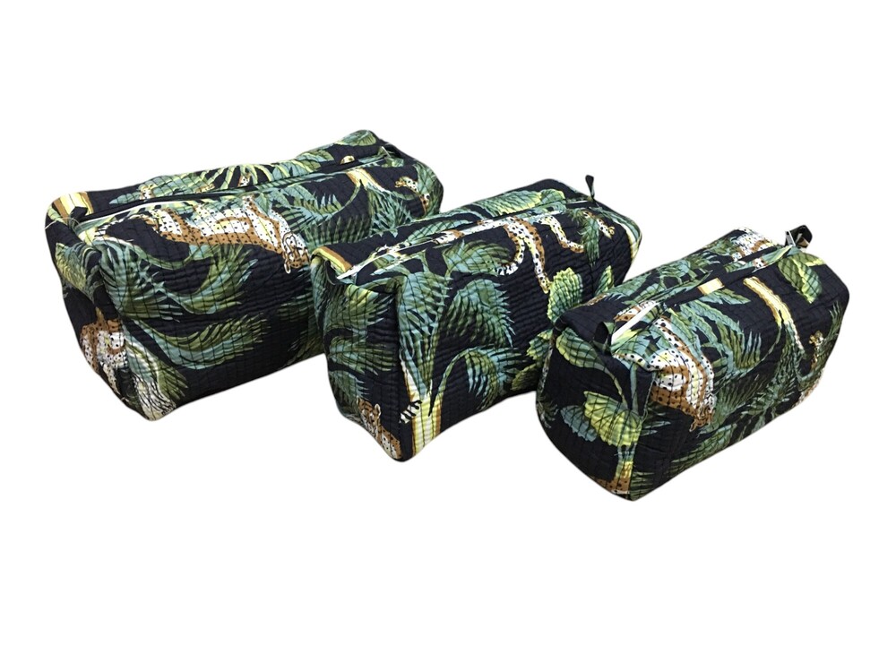 3pc Set Quilted Toiletry Pouches - Cotton Fabric, Multi Color, Printed Design, Zip Closure, Lightweight 1 Kg, Without Handles
