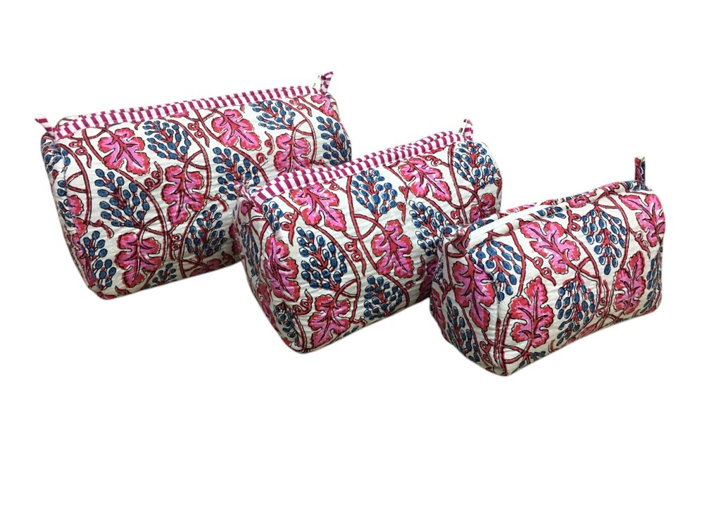 3pc Set Quilted Toiletry Pouches - Cotton Fabric, Multi Color, Printed Design, Zip Closure, Lightweight 1 Kg, Without Handles