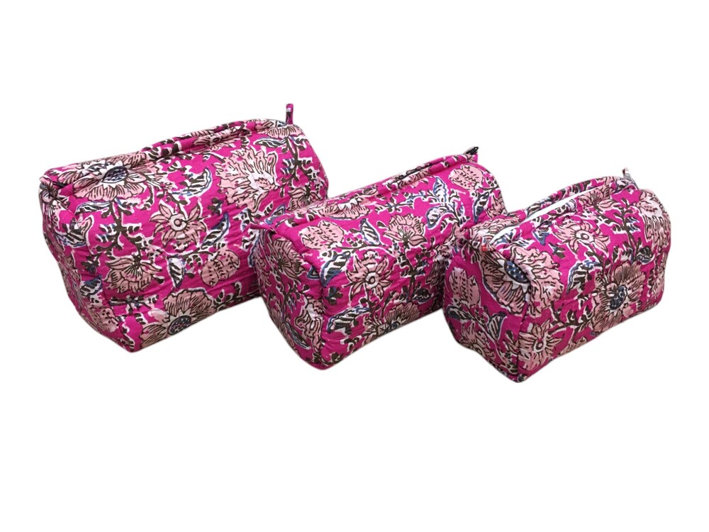 3pc Set Quilted Toiletry Pouches - Cotton Fabric, Multi Color, Printed Design, Zip Closure, Lightweight 1 Kg, Without Handles