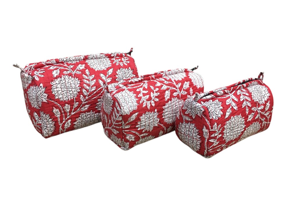 3pc Set Quilted Toiletry Pouches - Cotton Fabric, Multi Color, Printed Design, Zip Closure, Lightweight 1 Kg, Without Handles