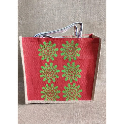 Rope Handle Printed Jute Shopping Bag - Color: Red And Green