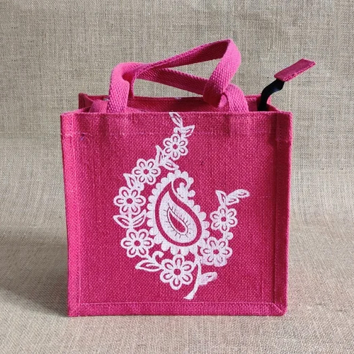 Printed Jute Lunch Bag - Color: Pink And White