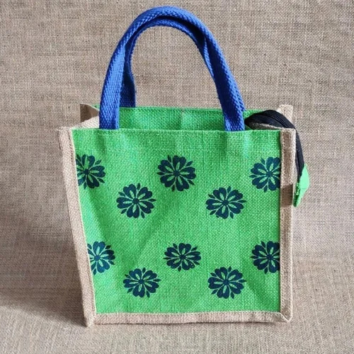 Zipper Printed Jute Lunch Bag - Color: Green And Blue