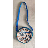 Ladies Printed Round Jute Sling Bag - Color: Off White And Blue
