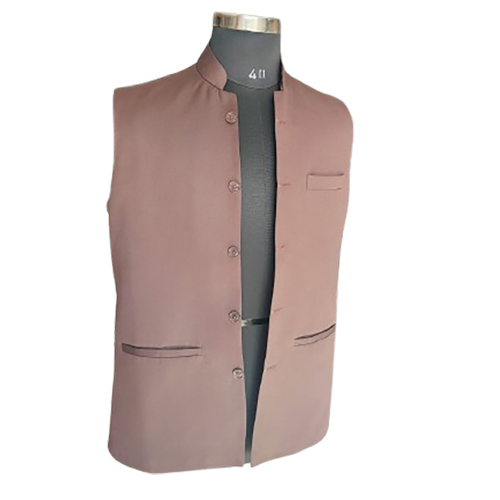 Men Peach Solid Band Collar Sleeveless Jacket